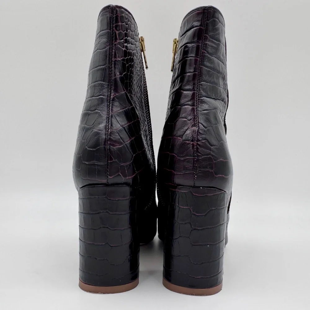 EUC J. Crew Stamped Croc Zip Women's Brown Leather Ankle Booties - Size‎ 5.5